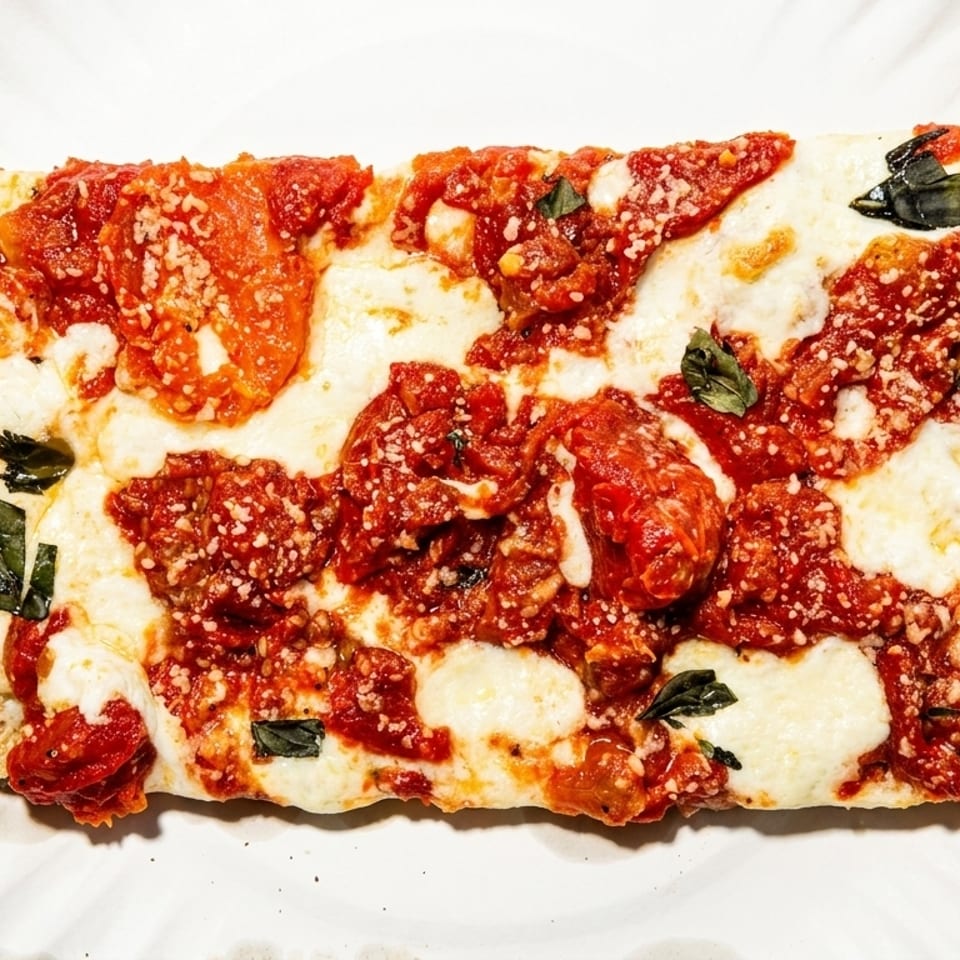 A rectangular slice of pizza with chunky red sauce, melted mozzarella, and fresh basil on a paper plate.