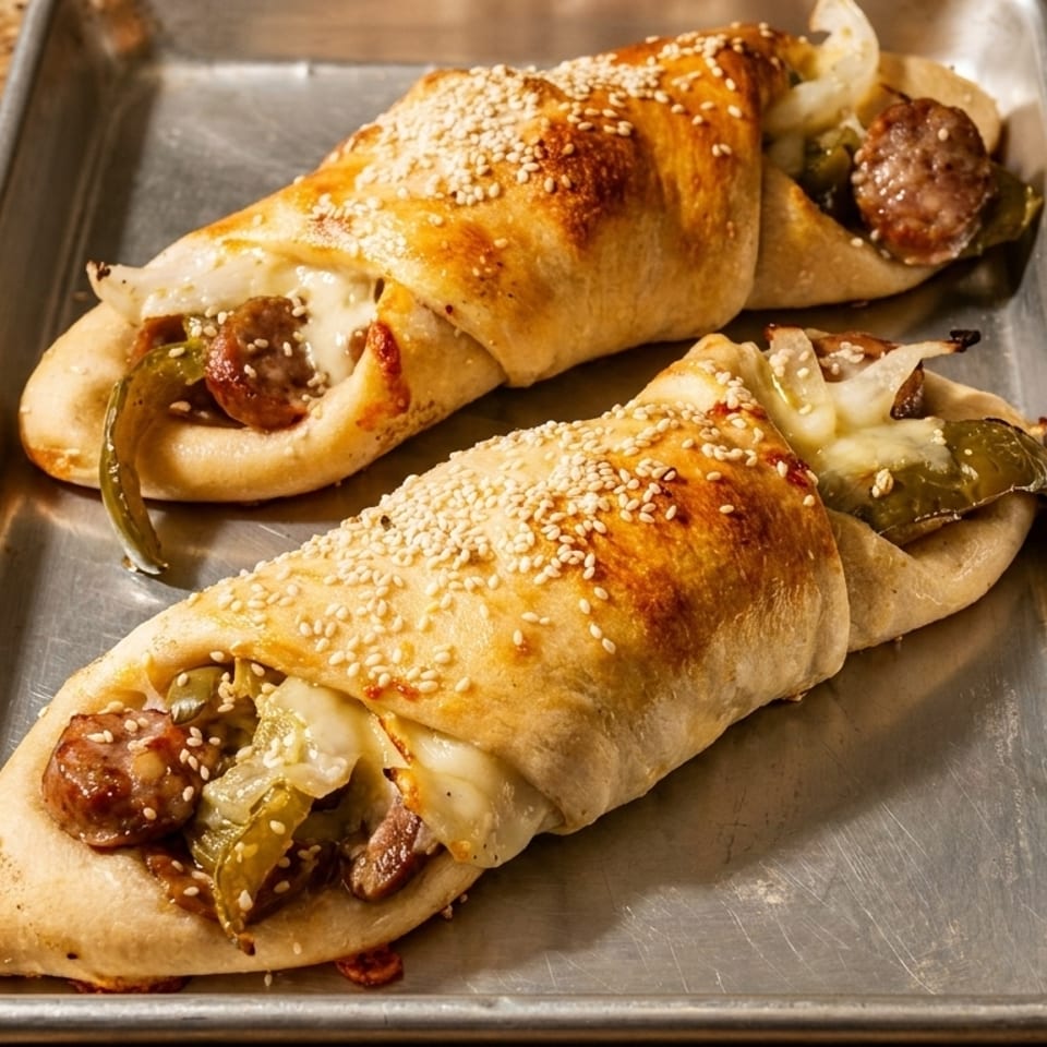 Two golden-brown sausage, pepper, and onion strombolis with melted cheese on a metal baking sheet.
