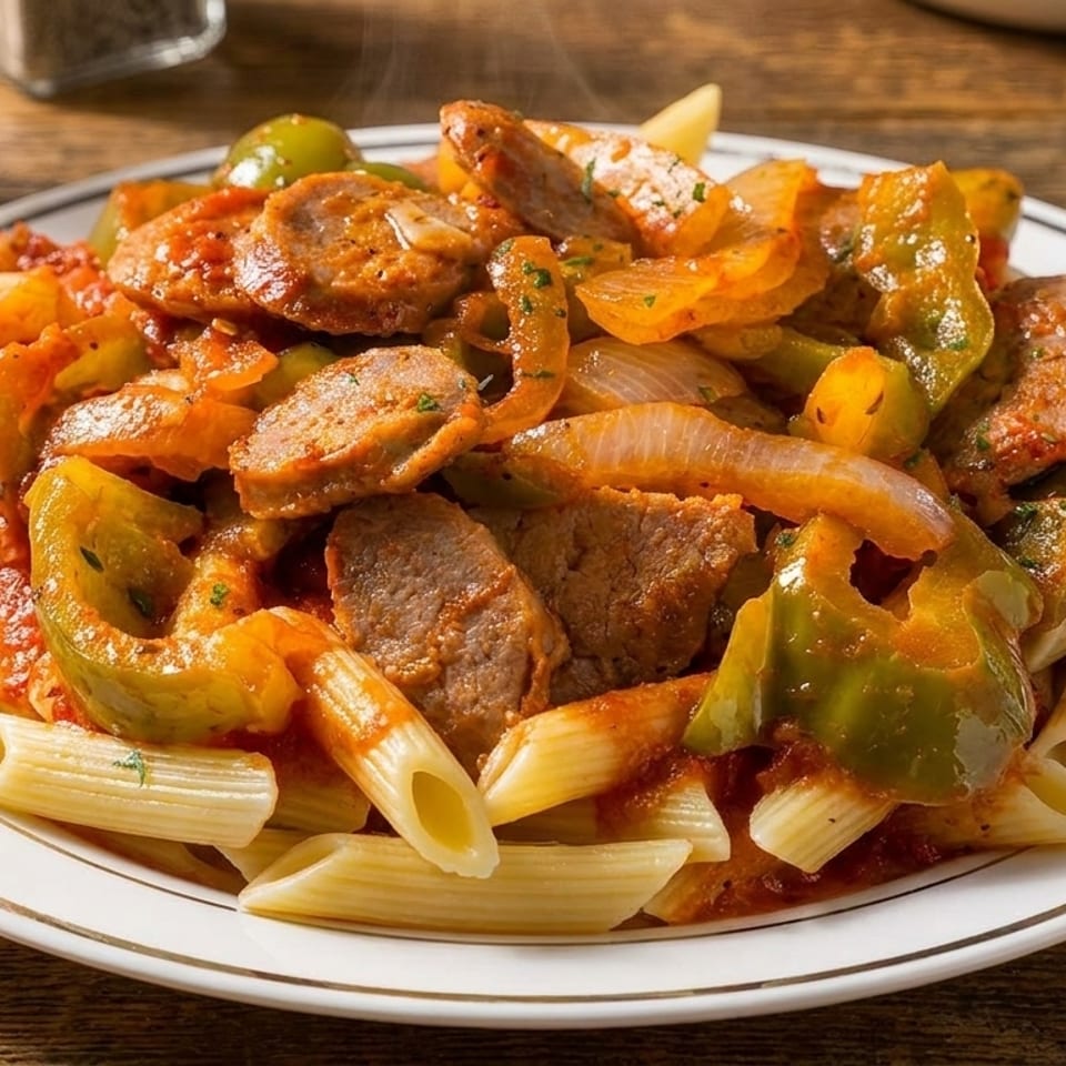 Penne pasta with sliced sausage, green peppers, and onions in a red sauce.