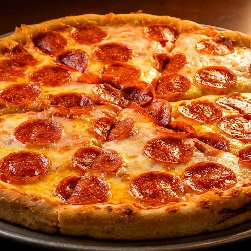 A whole pepperoni pizza with melted cheese and a golden crust on a metal pan.