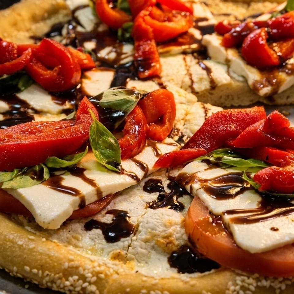 Close-up of a pizza with tomatoes, mozzarella, basil, and balsamic glaze on a sesame seed crust.