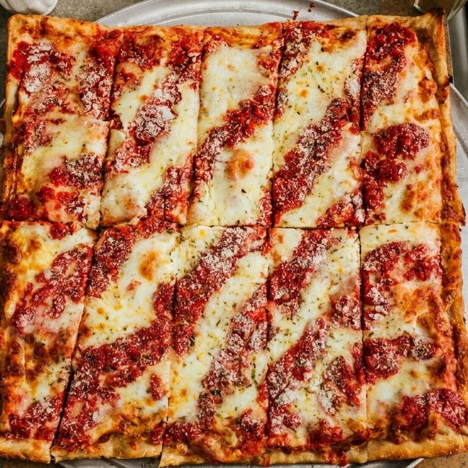 A rectangular Sicilian pizza, cut into squares, with red sauce and melted white cheese.